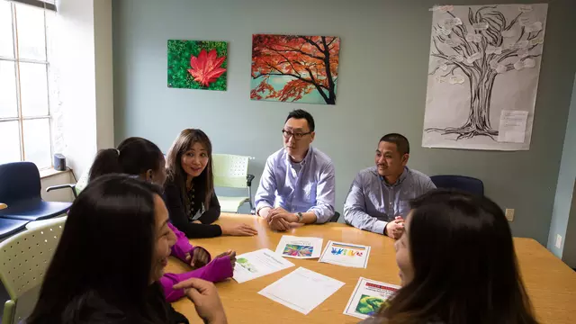 Employees sitting around a table