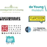 Logos for the Conservatory of flowers, de Young Museum, Contemporary Jewish Museum, Cartoon Art Museum, Chinese Culture Center, The Financial Justice Project, and the Children's Creativity Museum
