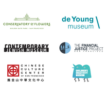 logotipos para el conservatory of flowers (Conservatorio de Flores), el de young museum (Conservatorio de Flores), el contemporary Jewish museum (Museo Judío Contemporáneo), el financial justice project (Proyecto de Justicia Financiera), el Chinese cultural center (Centro de Cultura China) y el children's creativity museum (Museo de la Creatividad Infantil)​​ 